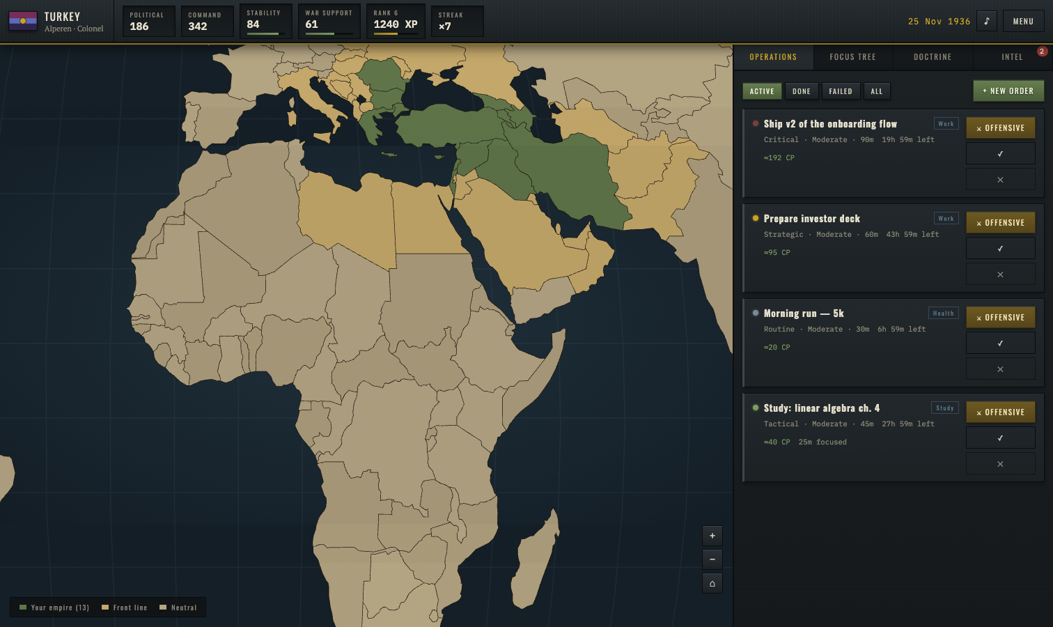 The Strategos war room: a world map with conquered territory, resource bar and the operations panel
